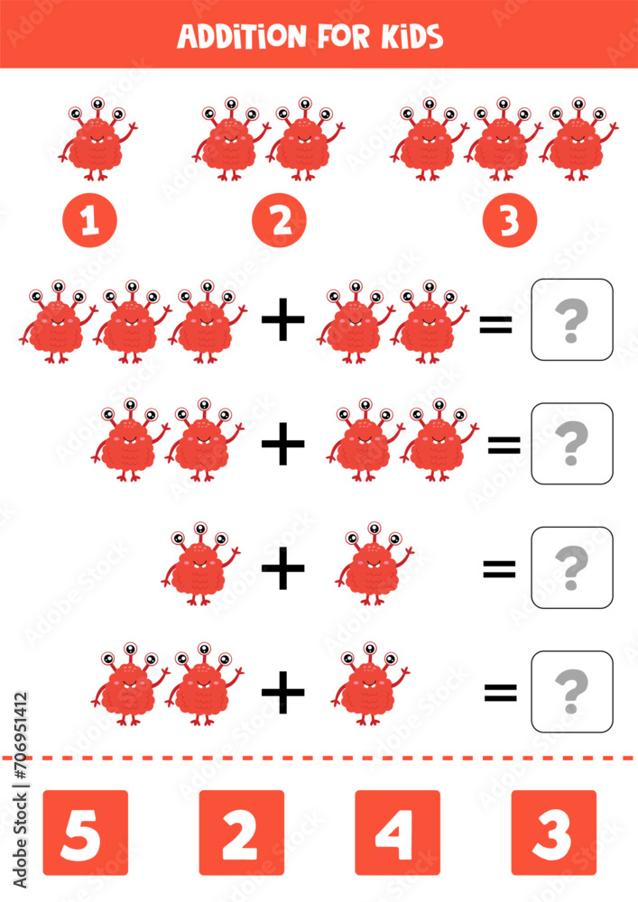 Addition for kids with cute cartoon red monster. Addition for kids with cute cartoon red monster.