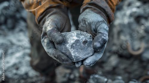 a miner's hands, clad in protective gloves, holding a piece of lithium ore. The ore is textured and has a distinctive color, standing out sharply against the rugged backdrop of the mine