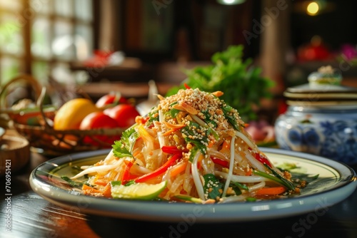 Thai som tam green papaya salad, Thai food, vegetable photo