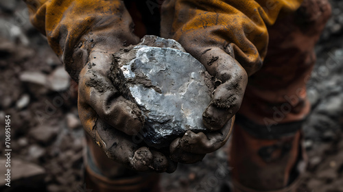 a miner's hands, clad in protective gloves, holding a piece of lithium ore. The ore is textured and has a distinctive color, standing out sharply against the rugged backdrop of the mine photo