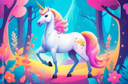 Magic unicorn, in a fairy forest with a pink mane and a pink tail, for illustration, for cards, for congratulations.