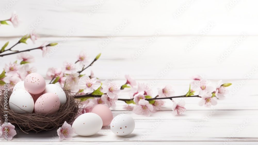 Beautiful Easter eggs in a nest and pink flowers on a white wooden background with a copy space. Spring Mockup. Beautiful Easter eggs in a nest and pink flowers on a white wooden background with a copy space. Spring Mockup.
