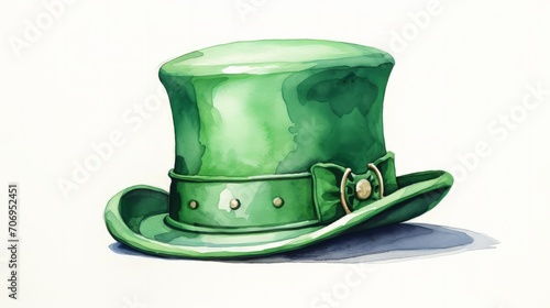 A watercolour illustration of a green Leprechaun tophat with a ribbon for St Patrick's Day. 
