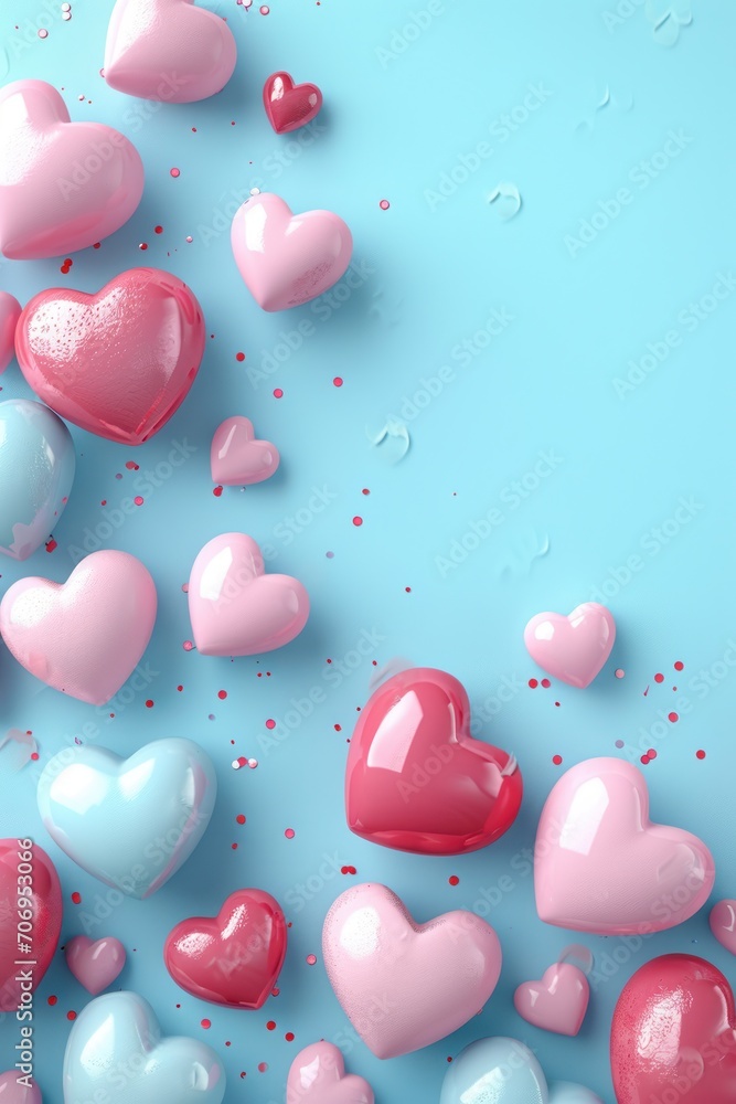 Valentine's Day background with copy space and three-dimensional hearts. Generative Ai.