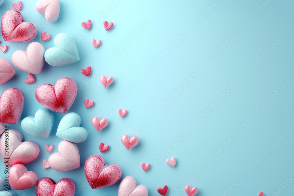 Valentine's Day background with copy space and three-dimensional hearts. Generative Ai.