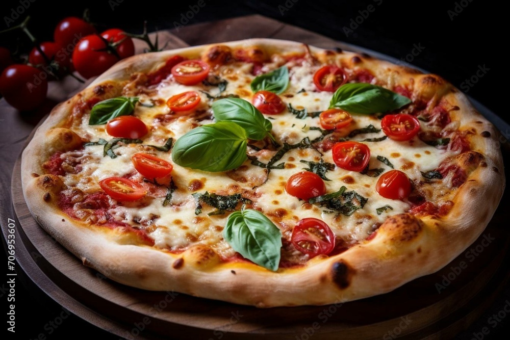 Delicious pizza topped with mozzarella, tomatoes, and basil. Generative AI