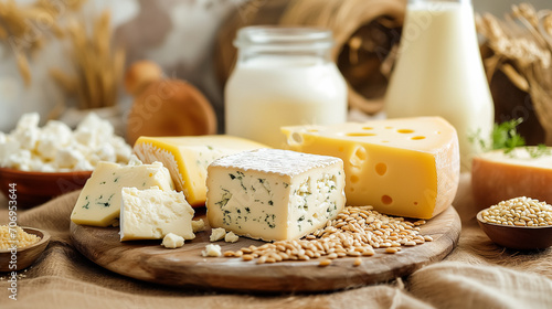 Avariety of cheeses, grains, and dairy products arranged aesthetically on a wooden surface - yellow cheese with holes, white and crumbly and moldy cheese. Two glass containers with milk in the backgro