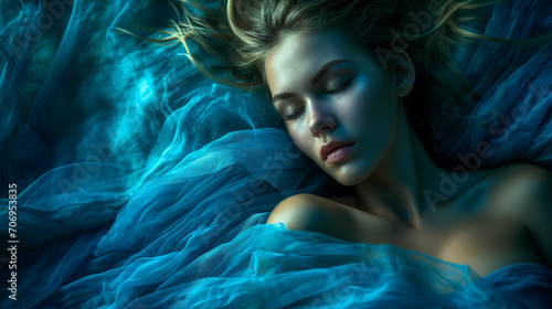 Woman lying down, sleeping with her eyes closed, surrounded by flowing, blue fabric that gives the impression of water or waves.