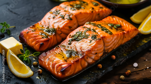 Grilled salmon fillets adorned with herbs and spices, presented in a rustic setting with lemon halves. 