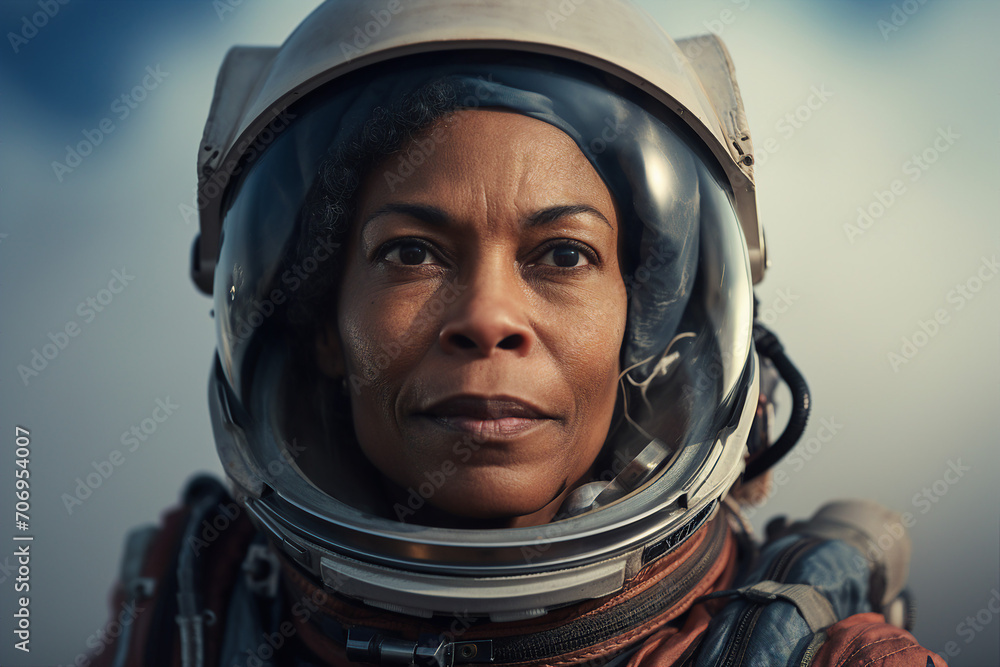 Generative AI picture of astronaut spaceman woman do space walk working space station in outer space futurism Generative AI picture of astronaut spaceman woman do space walk working space station in outer space futurism