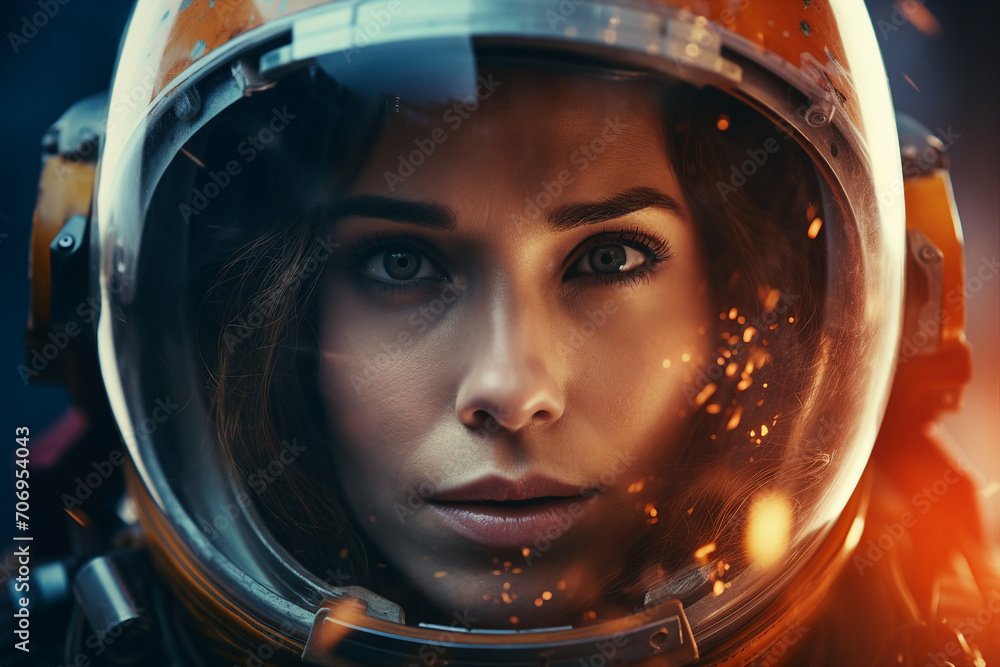 Generative AI picture of astronaut spaceman woman do space walk working space station in outer space futurism Generative AI picture of astronaut spaceman woman do space walk working space station in outer space futurism