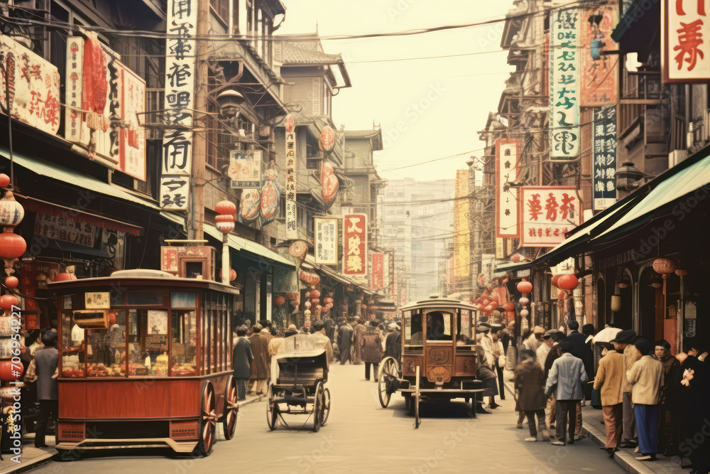 Fototapeta premium 架空の日本の古い写真。浅草銀座イメージ、An old photo depicting Ginza from the Showa era in Japan. fictitious photo. Nostalgic.Generative AI