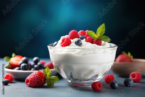Berries and Greek yogurt combined in a bowl. Generative Ai.