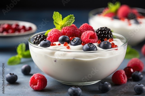 Berries and Greek yogurt combined in a bowl. Generative Ai.