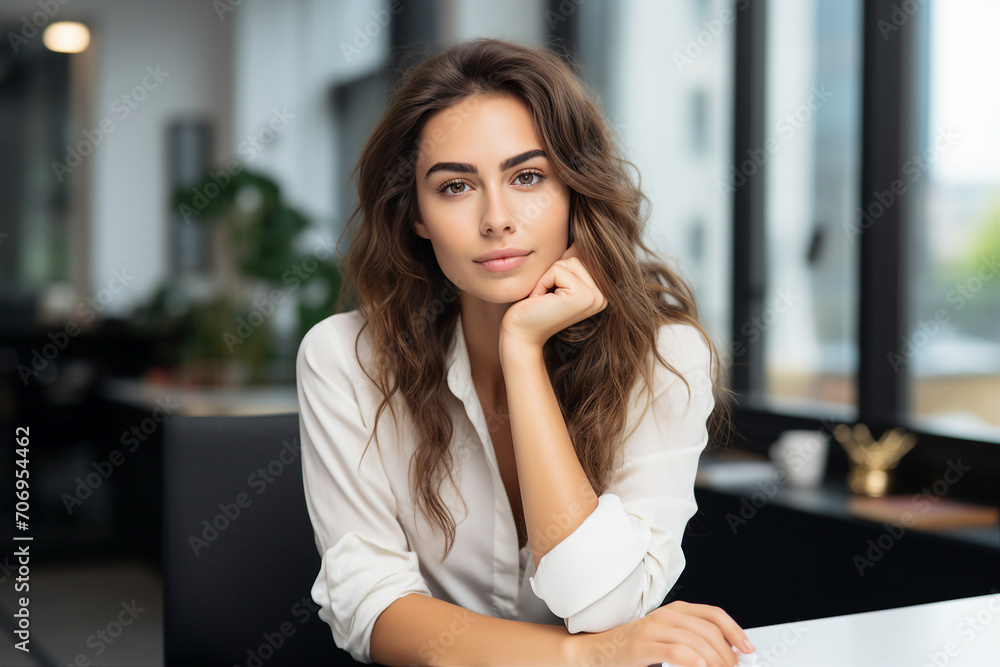 Generative ai collage picture photo of pretty nice business person woman lady in office looking into camera happy portrait Generative ai collage picture photo of pretty nice business person woman lady in office looking into camera happy portrait