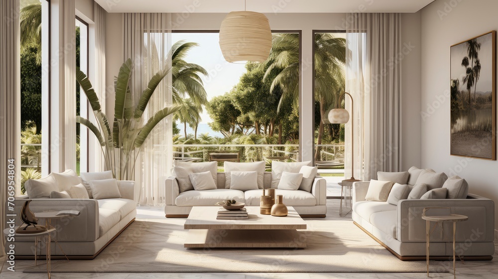 Elegant Minimalist Living Room Interior with Lush Greenery and Modern Furniture Design Aesthetic.