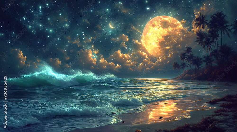 The Moon Night And Sea. Fiction. Concept Art. Realistic Illustra The Moon Night And Sea. Fiction. Concept Art. Realistic Illustra