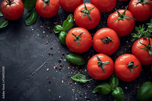 Freshly Washed Vine Ripened Tomatoes With Basil on a Slate Background – A Glimpse of Culinary Simplicity