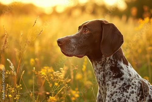 Hunting dog in tall grass. German Shorthaired Pointer.