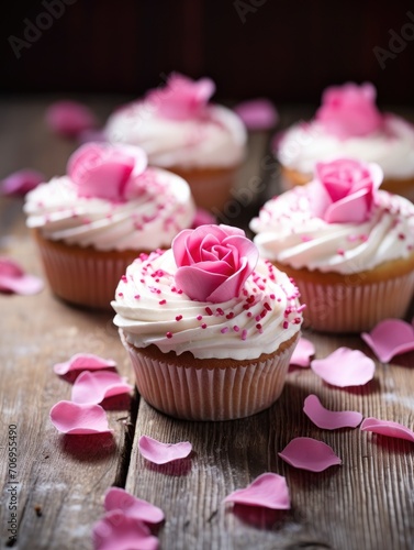 Small cupcakes with hearts and rose petals on a wooden background. Valentine's Day