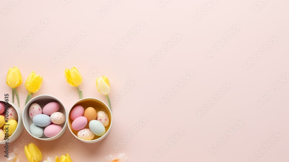 Top view of colorful Easter eggs, yellow tulips in small bowls on an isolated pastel beige background with a copy space. Spring mockup, Easter celebration concept. Top view of colorful Easter eggs, yellow tulips in small bowls on an isolated pastel beige background with a copy space. Spring mockup, Easter celebration concept.