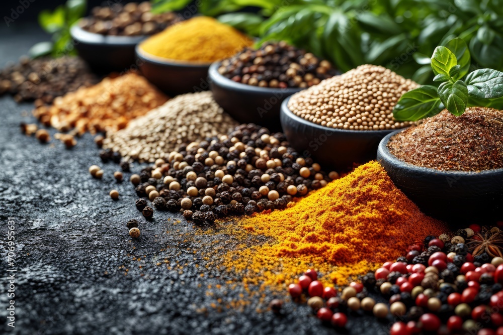Vibrant Array of Exotic Spices and Herbs Artfully Displayed on a Dark Slate Background Vibrant Array of Exotic Spices and Herbs Artfully Displayed on a Dark Slate Background