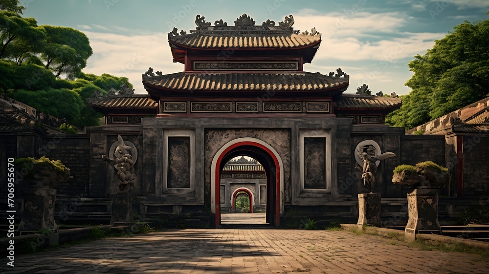 Beautiful view of the ancient gate of Hanoi, Vietnam - obrazy, fototapety, plakaty 