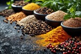 Vibrant Array of Exotic Spices and Herbs Artfully Displayed on a Dark Slate Background