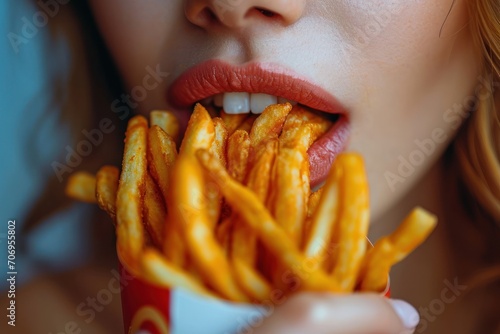 Young woman s mouth full of  French  fries. Generative Ai.