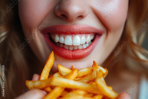 Young woman s mouth full of  French  fries. Generative Ai.