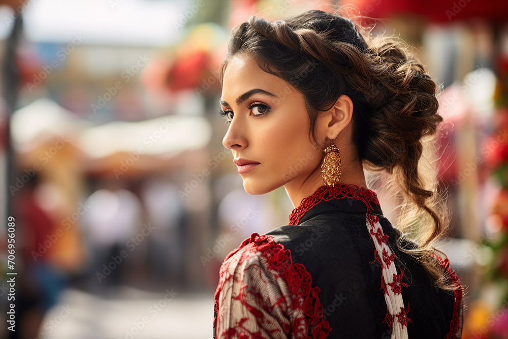Generative AI photo of gorgeous lady wearing a vibrant mexican costume colorful patterns and traditional attire Generative AI photo of gorgeous lady wearing a vibrant mexican costume colorful patterns and traditional attire