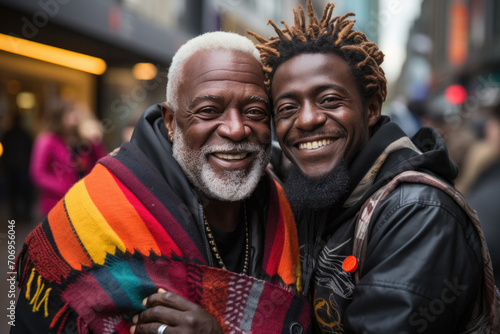 Cheerful black homosexual couple embracing on street