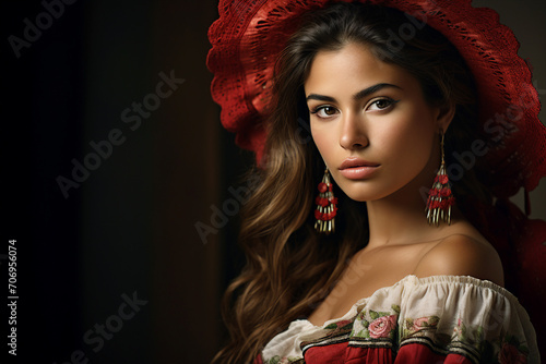 Portrait made with generative AI of young gorgeous mexican lady wear traditional sombrero hat photo