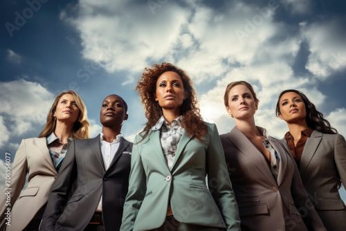 Diverse businesswomen in formal outfits standing against cloudy sky