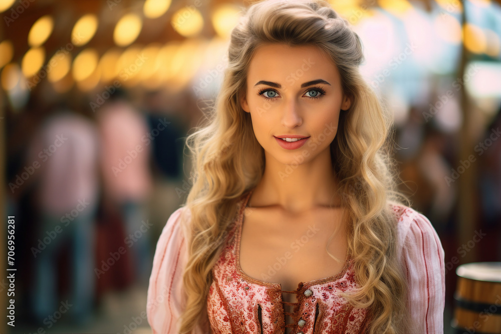 AI generated portrait of a woman wearing traditional bavarian costume during octoberfest