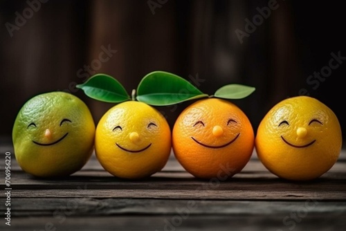 Happy citrus expression on wooden surface. Generative AI