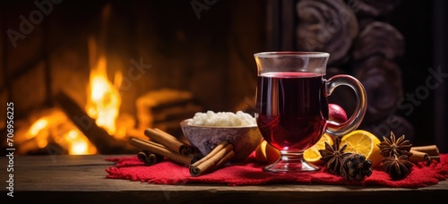 Hot mulled wine in glass mug with spices and citrus on rustic table. Winter comfort drink.