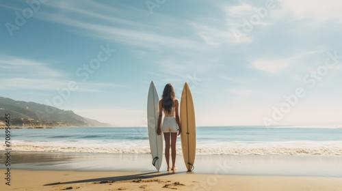 woman with a surfboard on the beach photo
