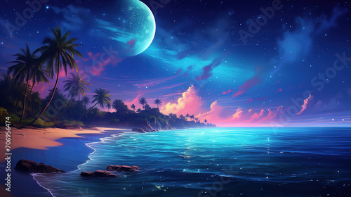 The Moon Night And Sea. Fiction. Concept Art. Realistic Illustra