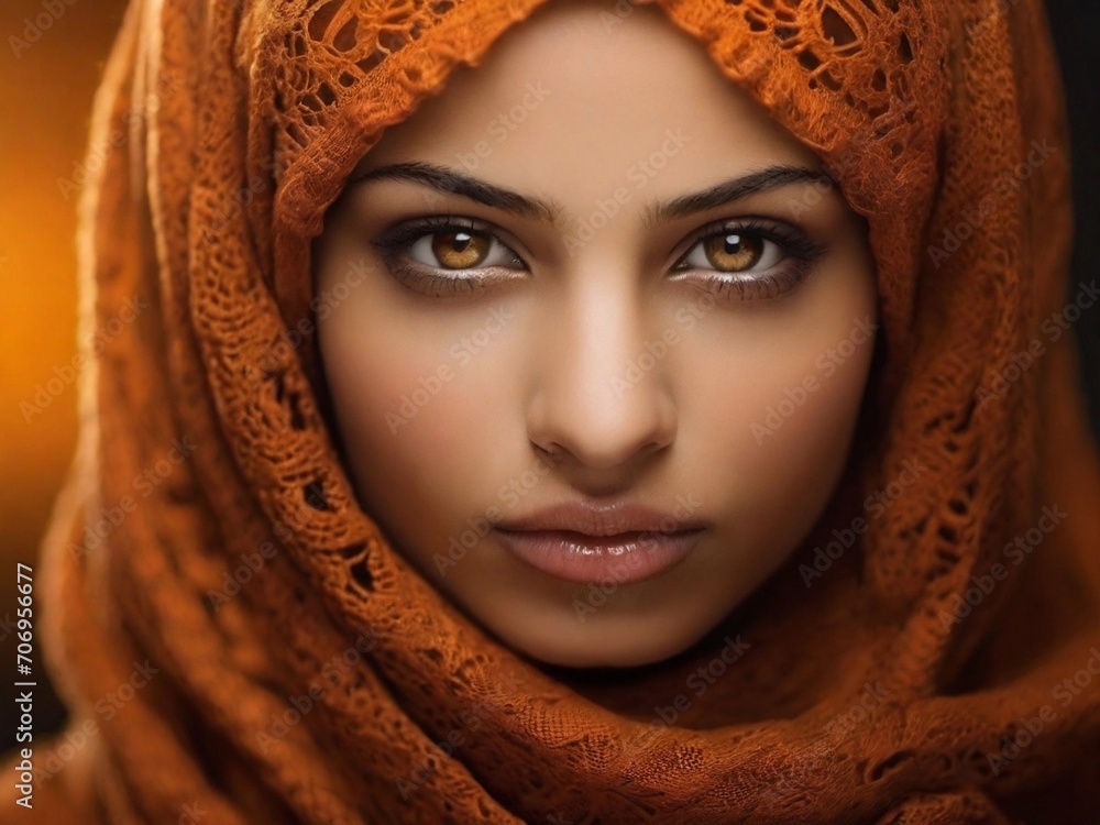 Closeup portrait of a beautiful muslim woman with hazel amber eyes and her head covered. Muslim traditions, Middle East culture, Arab world, women rights, gender equality