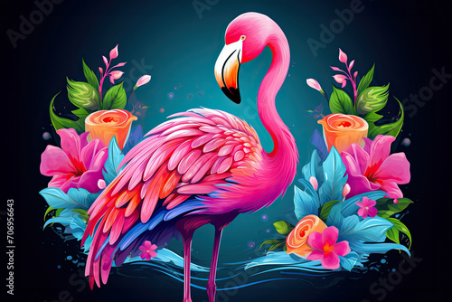 Pink flamingo with flowers and leaves on dark background.