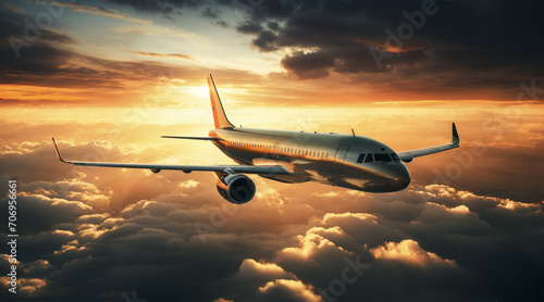 pasair airplane in the sky against a beautiful sunset sun photo