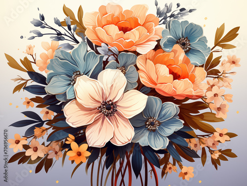 Vintage floral background with colorful flowers and leaves.