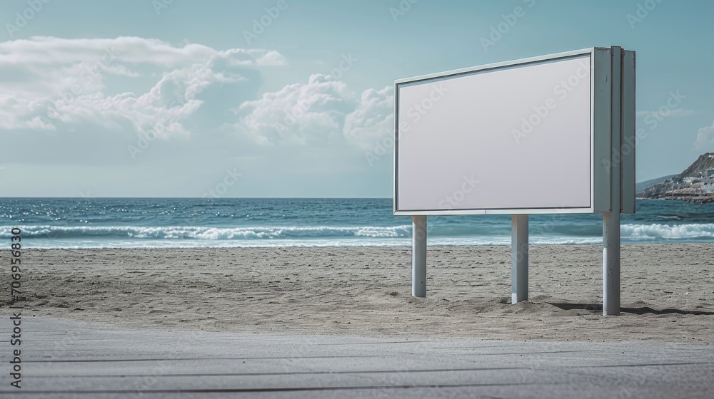 Mock up white outdoor advertising poster on the beach Mock up white outdoor advertising poster on the beach