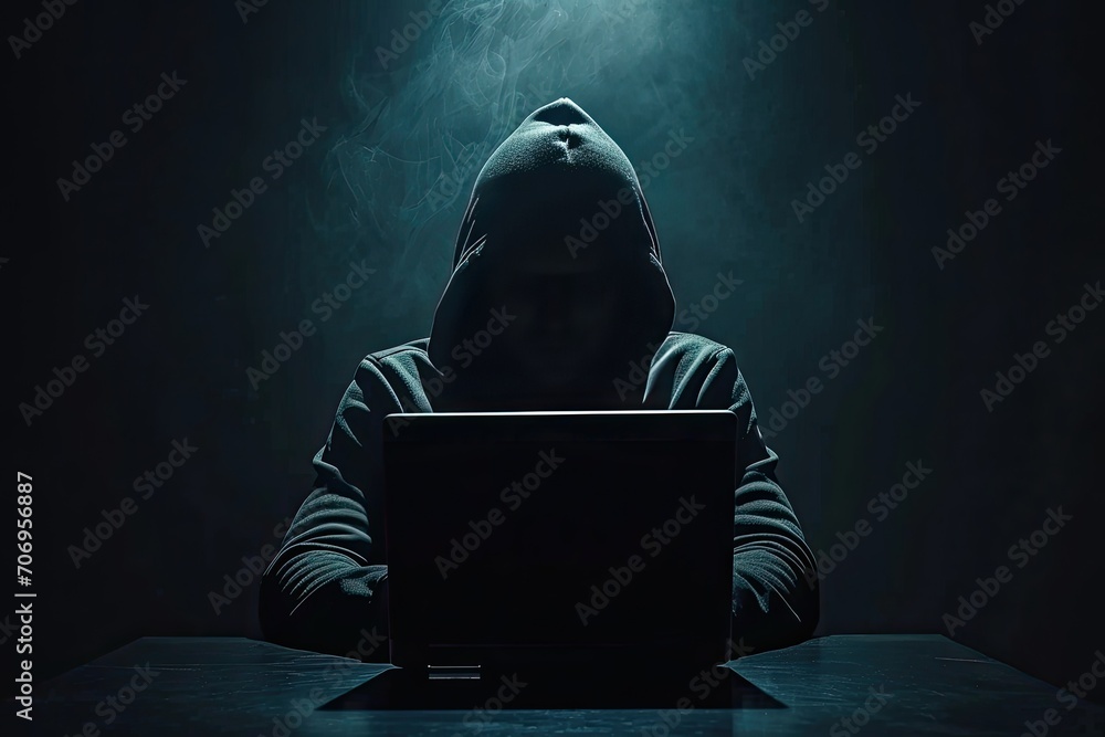 Hacker using laptop in dark room. Cybercrime and hacking concep Hacker using laptop in dark room. Cybercrime and hacking concep