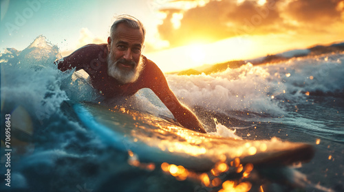 a skinny old man surfing the waves. 