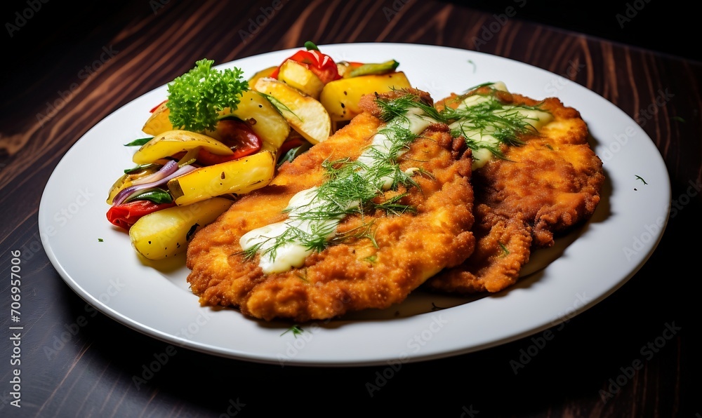 Schnitzel with potatoes and vegetables on a wooden table. Schnitzel with potatoes and vegetables on a wooden table.