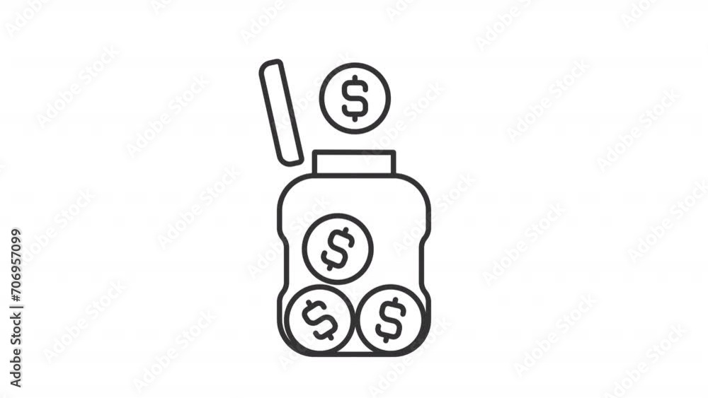 2D black simple thin line animation of coins falling in jar icon, HD video with transparent background, seamless loop 4K video representing economic crisis. 2D black simple thin line animation of coins falling in jar icon, HD video with transparent background, seamless loop 4K video representing economic crisis.