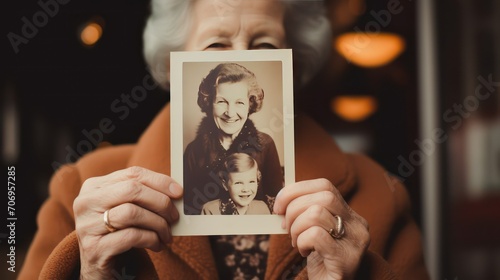 old lady holding a photo frame on family
