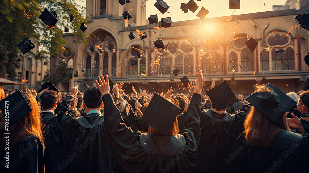 Group of students in black gowns, throwing up their hats in the air and celebrating with a university building in the background. End of education and graduation at sunset. - obrazy, fototapety, plakaty 